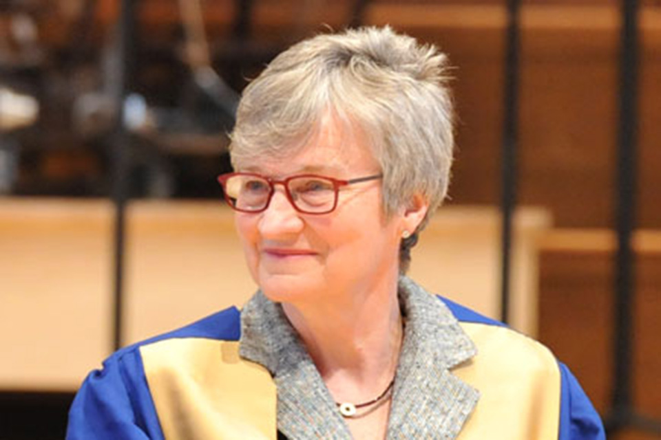Jane Barker CBE, pictured in the Amaryllis Fleming Concert Hall